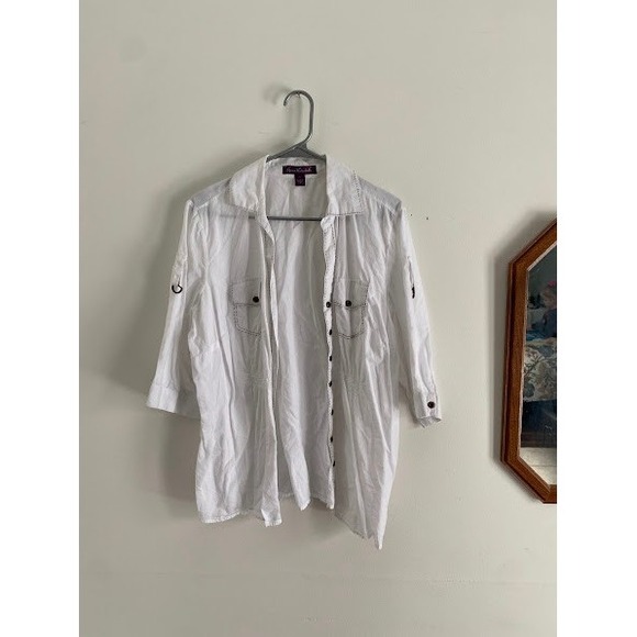 Gloria Vanderbilt White Cotton Button Down Roll Tab Sleeve Shirt Plus Size 1X - Picture 5 of 7